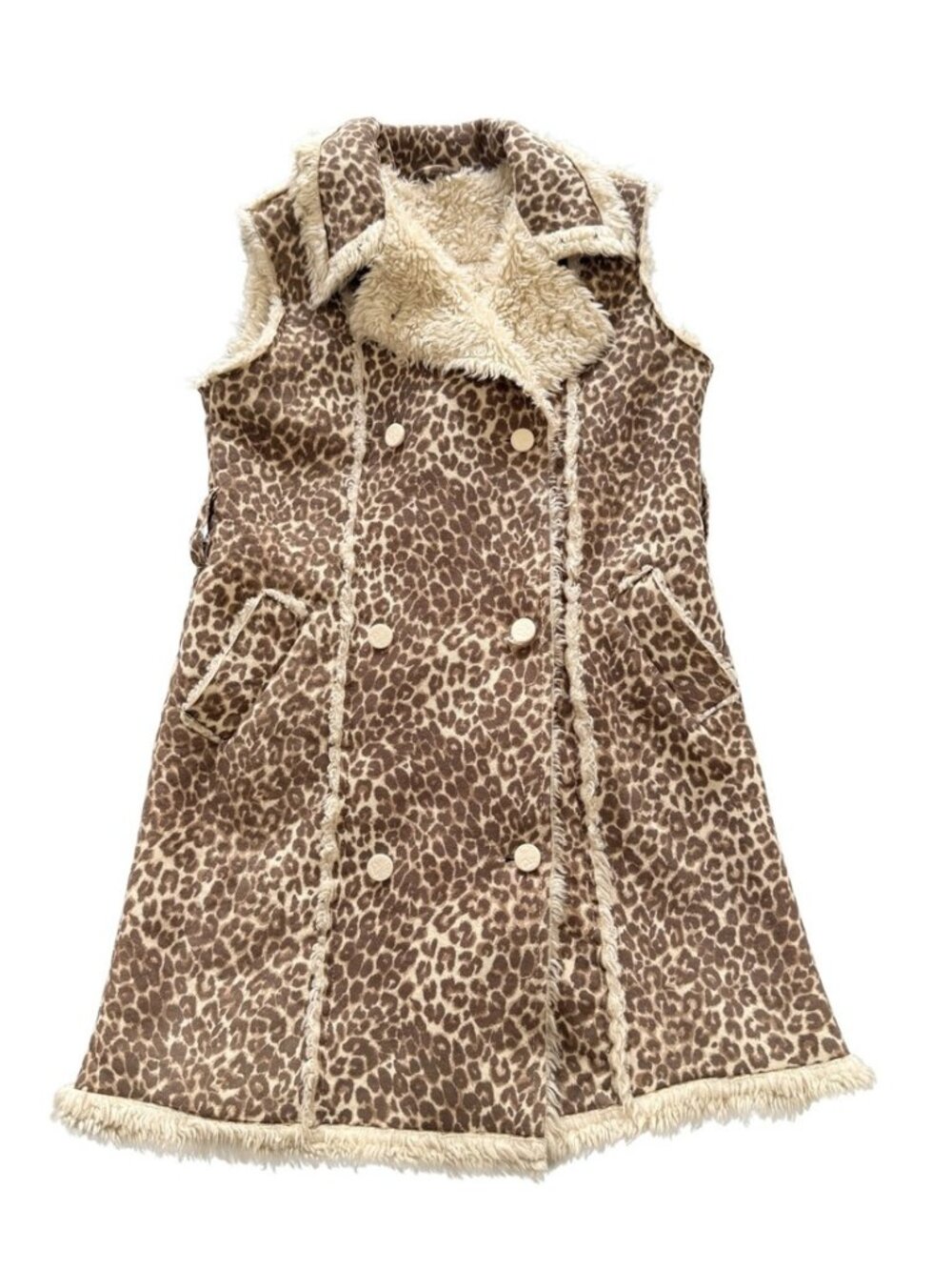 Leopard Print Faux Shearling Lined Longline Double Breasted Vest Brown Cream